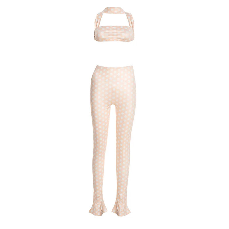 FAGADOER Fashion Polka Dot Print Two Piece Sets Women Sleeveless Backless Tube And Skinny Pants Outfits Sexy Trend Streetwear
