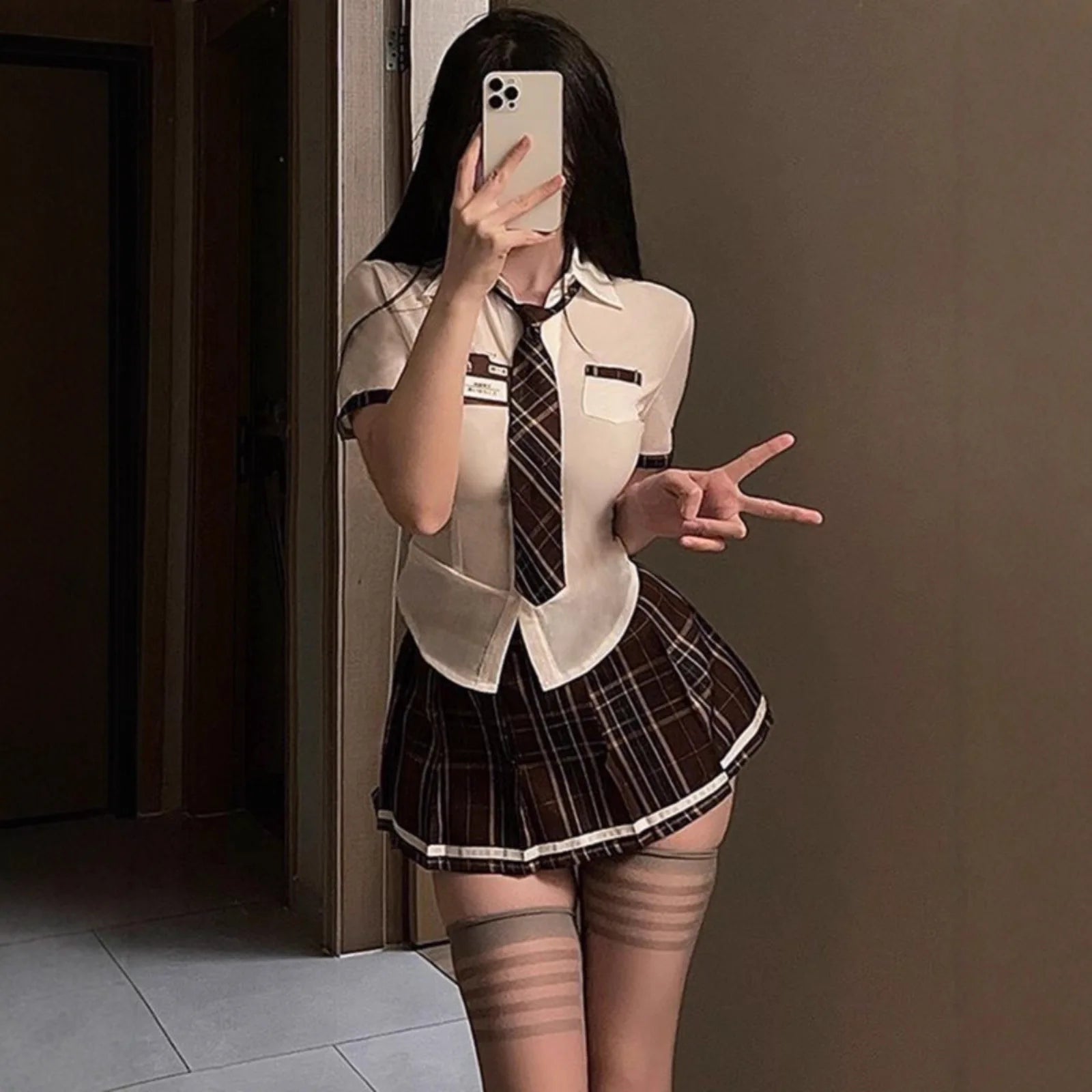 Sexy Jk Uniform Plaid Short Skirt with Bowtie Women's plus Size Polyester Blend Three Quarter Sleeve School Girl Style Dress