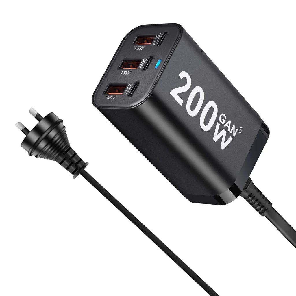 USB C Fast 200W 6-Port Charging  Fast  GaN Charger Power Adapter For iPhone 14/13/12 Series, Samsung Galaxy S23/S22/S21