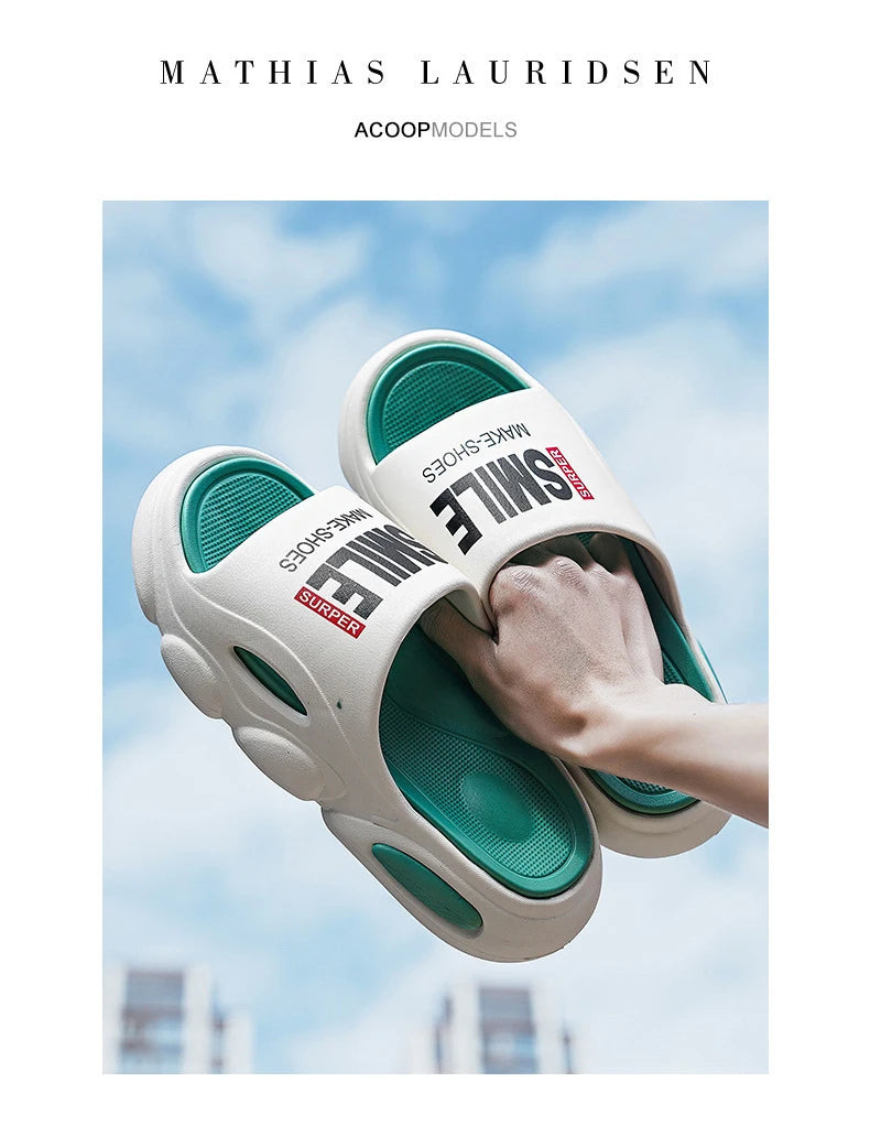 Men Thick Sole Summer Beach Slides Bathroom Anti Slip Slipper Soft Sandals Simplicity Ultra Light Letter Shoes Men Slippers