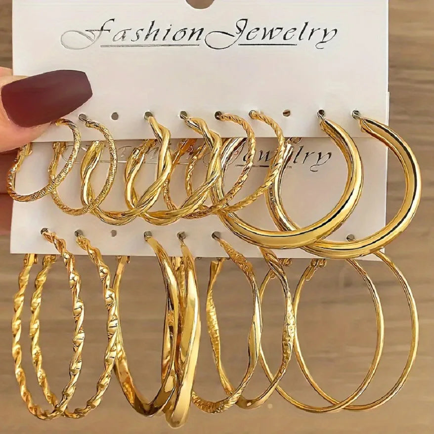 Trendy Classic Mobius Ring Gold Color Hoop Earrings Retro Geometric Cross Twisted Circular Earring Set Women's Retro Jewelry