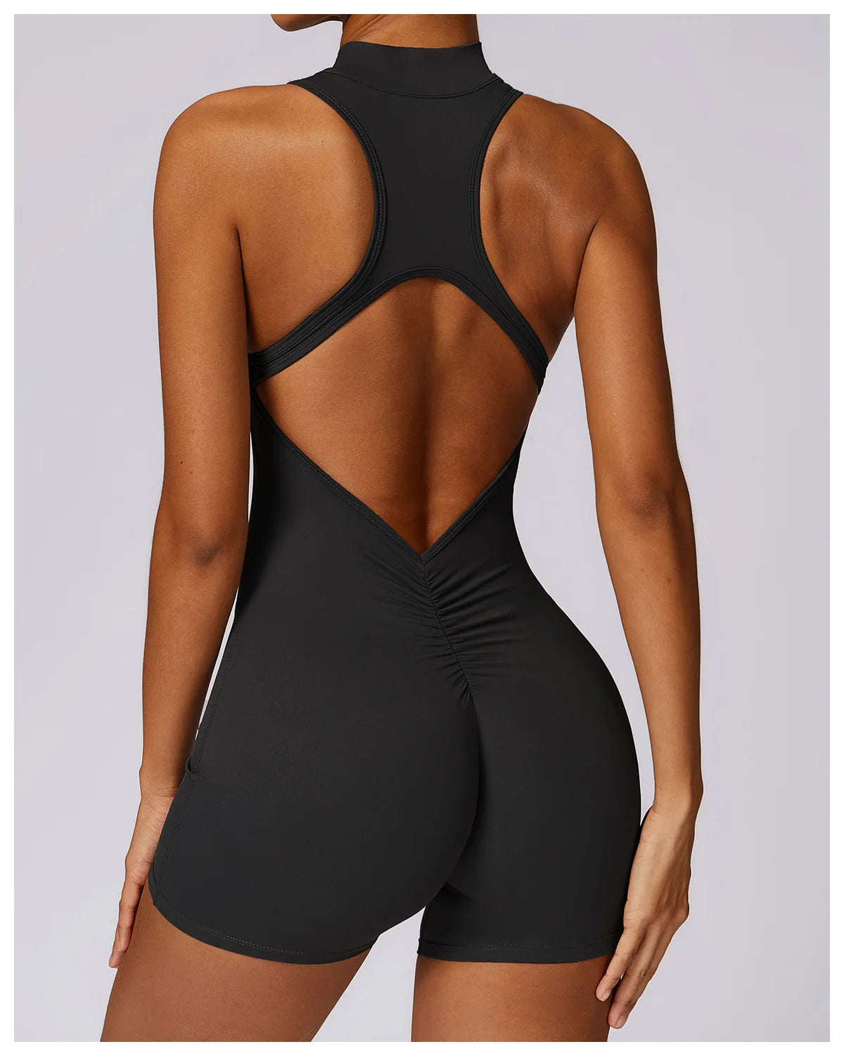 Solid color Backless Back Waist Scrunch Yoga Jumpsuit Short Set Women Zipper Sportswear Fitness One Piece Sports Suit Workout