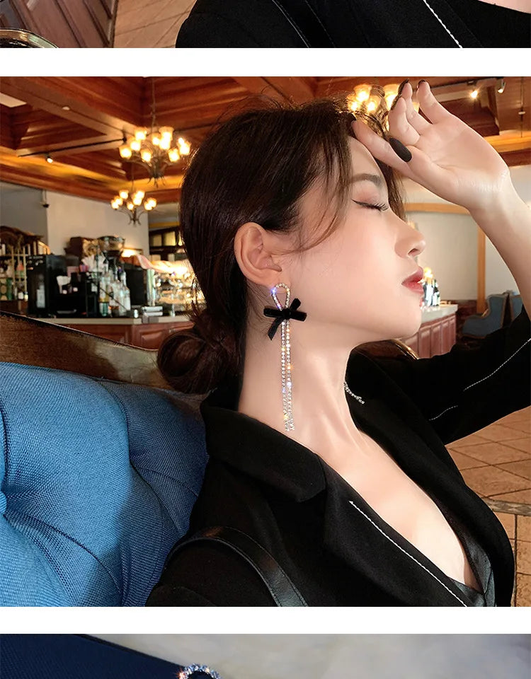 Kiss Jewelry Korean Fashion Black Velvet Bow Long Rhinestone Tassel Earrings for Women Luxury Wedding Shiny Drop Earring Gift