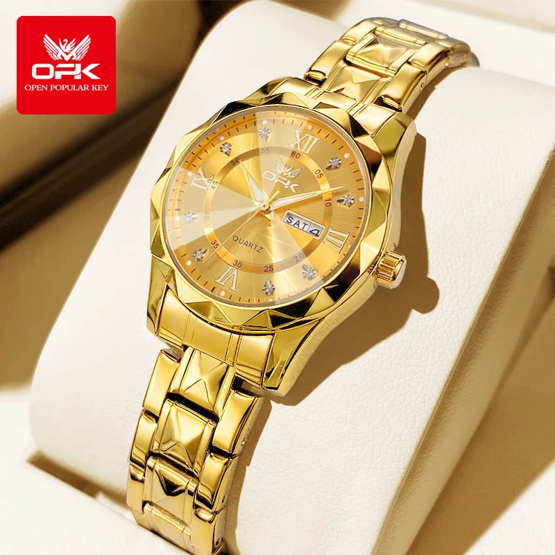 OPK Brand women's steel strip quartz watch dual calendar waterproof night light 6023