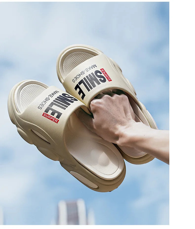Men Thick Sole Summer Beach Slides Bathroom Anti Slip Slipper Soft Sandals Simplicity Ultra Light Letter Shoes Men Slippers