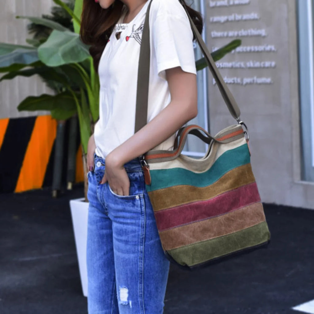 Women's patchwork handbag versatile contrast color striped canvas shoulder crossbody bag