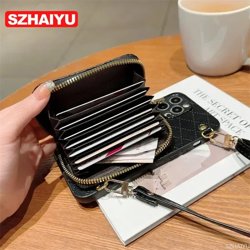 Crossbody Zipper Wallet Phone Case for IPhone 17 Air 12 11 16 16E 15 14 13 Pro Max  Plus Organ Card Slot Holder Leather Cover