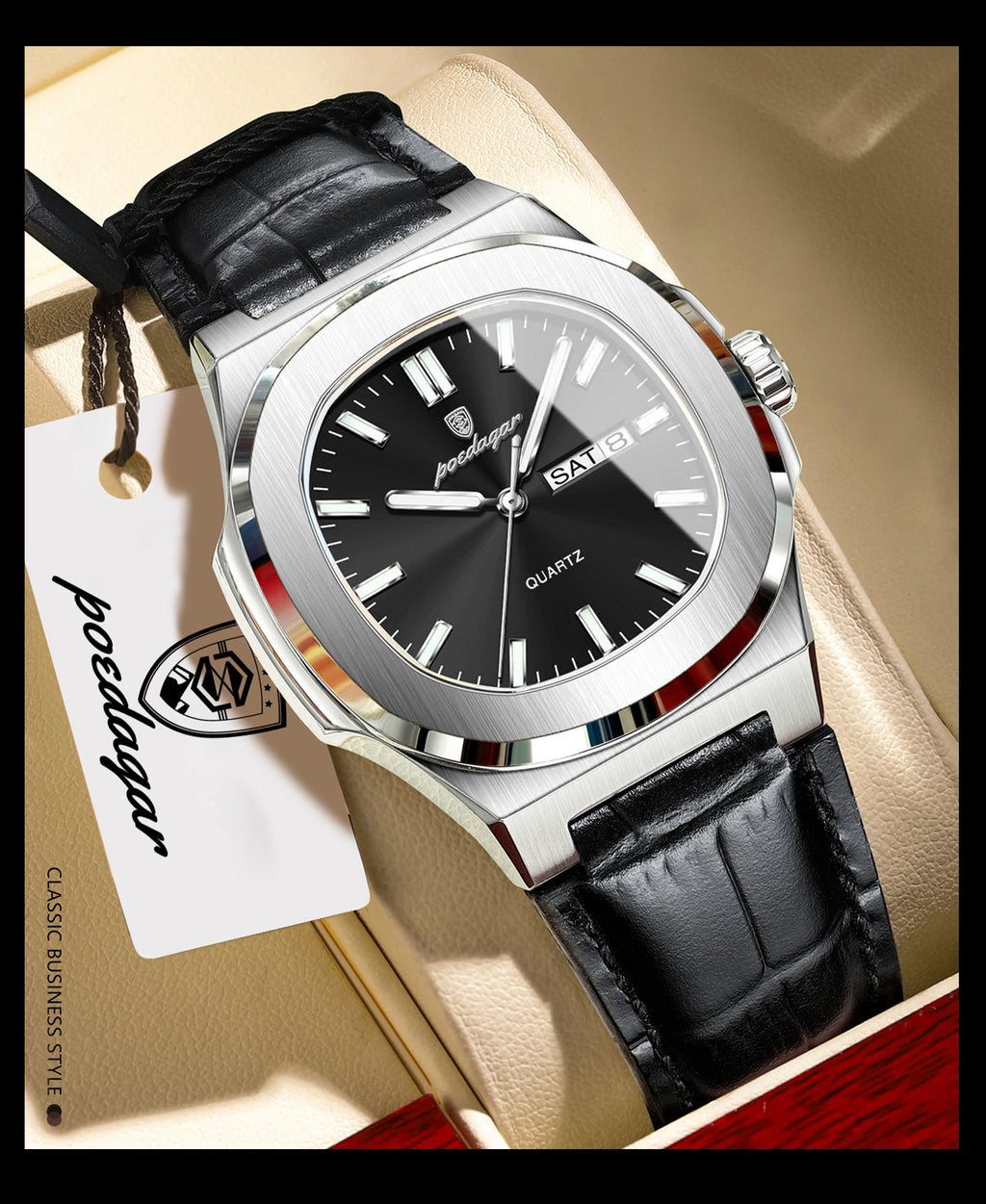 POEDAGAR Fashion Wristwatch For Boyfriend Luminous Waterproof Week Calendar Business Couple Watches Leather Luxury Men's Watches