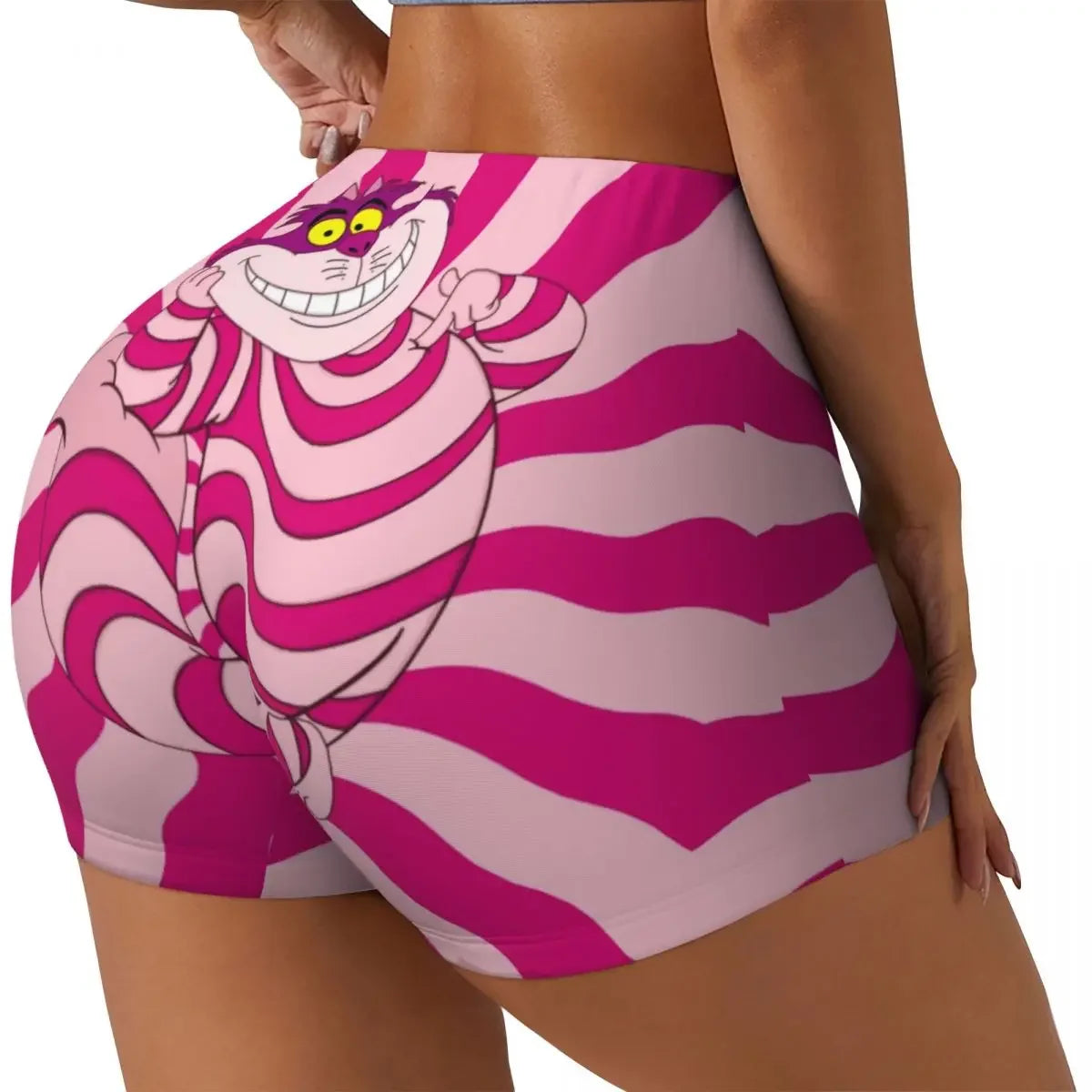 Custom Women's Trippy Striped Cat Workout Yoga Shorts Cheshire Cat Cartoon Gym Athletic Volleyball Biker Shorts