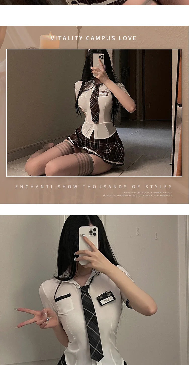Sexy Jk Uniform Plaid Short Skirt with Bowtie Women's plus Size Polyester Blend Three Quarter Sleeve School Girl Style Dress