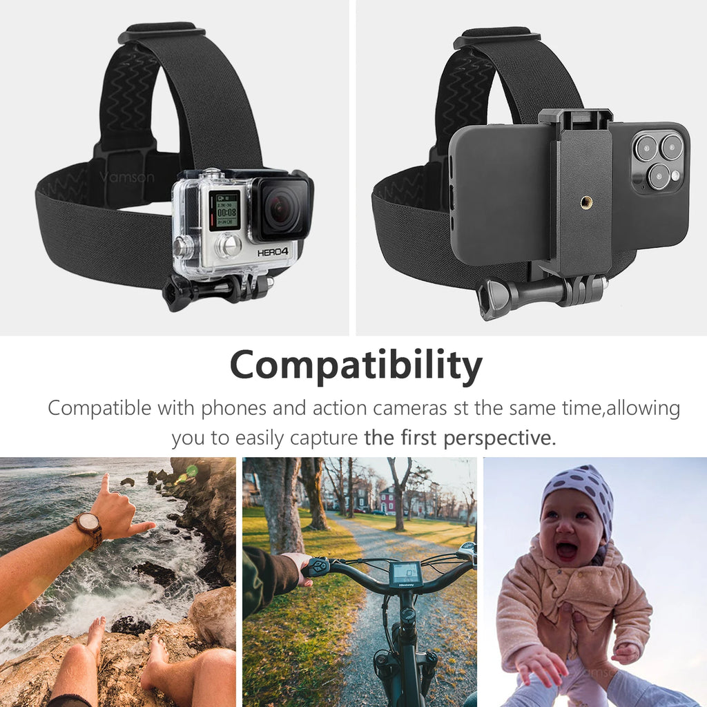 Vamson Head Strap for Gopro Hero 10 9 8 7 6 Camera Accessories Mobile Phone Clip Fix for iPhone 13 12 11 Xiaomi Samsung Huawei