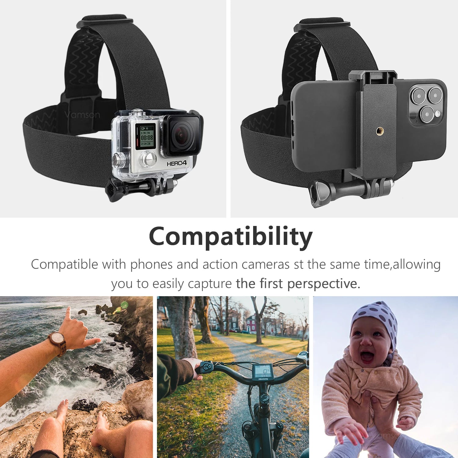 Vamson Head Strap for Gopro Hero 10 9 8 7 6 Camera Accessories Mobile Phone Clip Fix for iPhone 13 12 11 Xiaomi Samsung Huawei