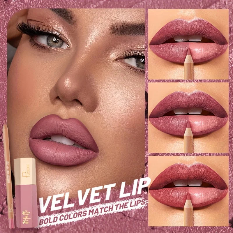 Lip Liner Pencil and Lip Gloss Combo, Velvet Finish Nude Lip Color, Waterproof Non Transfer Non Stick Cup, Long Wear Moisturizin