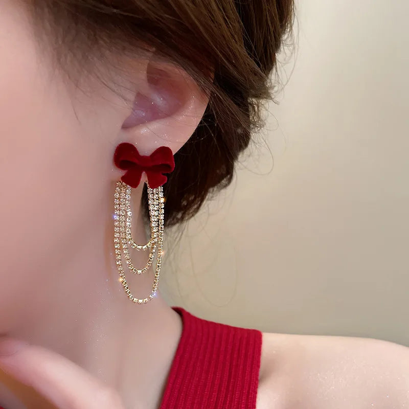 Light Luxury Rhinestone Tassel Flocked Bowknot Earrings Sweet Bow Earring For Women and Girls Party Fashion Jewelry Gifts