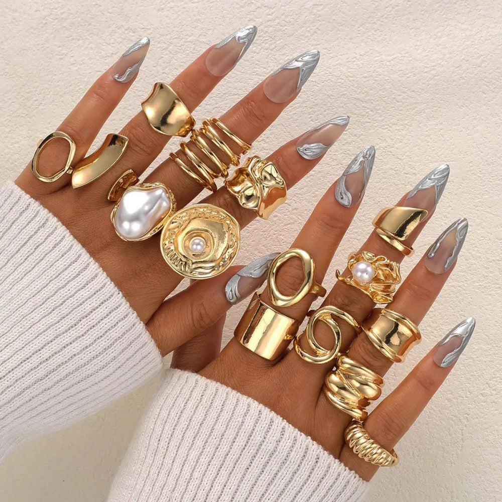 21Pcs/Lot Fashion Simple Elegant Flower Exquisite Geometry Irregular Luxury Pearl Open Rings For Women Daily Jewelry Party Gifts