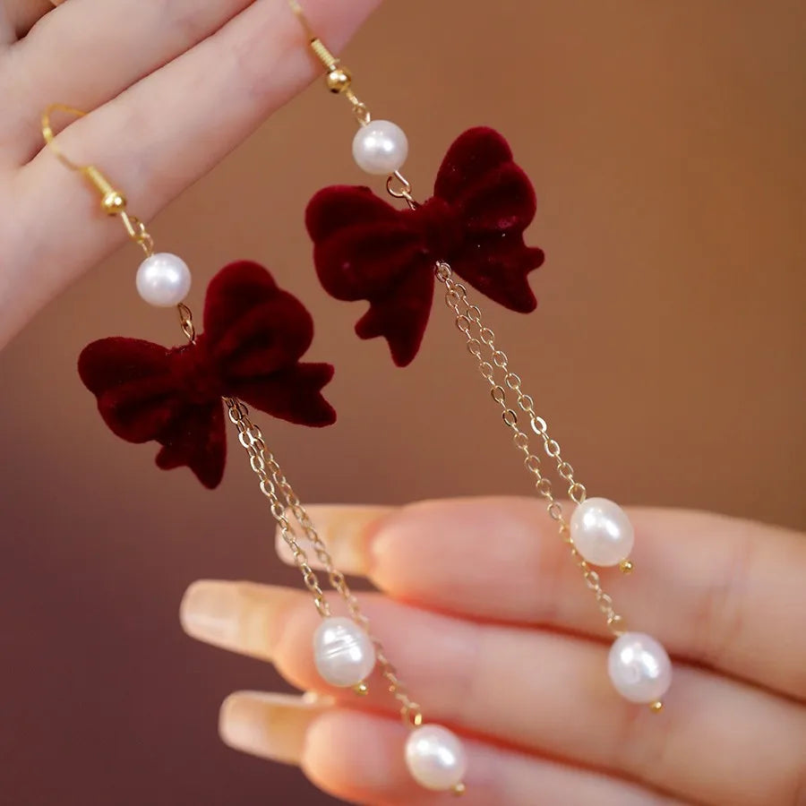 Light Luxury Rhinestone Tassel Flocked Bowknot Earrings Sweet Bow Earring For Women and Girls Party Fashion Jewelry Gifts