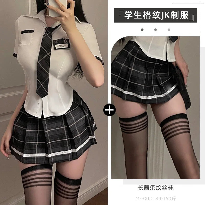 Sexy Jk Uniform Plaid Short Skirt with Bowtie Women's plus Size Polyester Blend Three Quarter Sleeve School Girl Style Dress