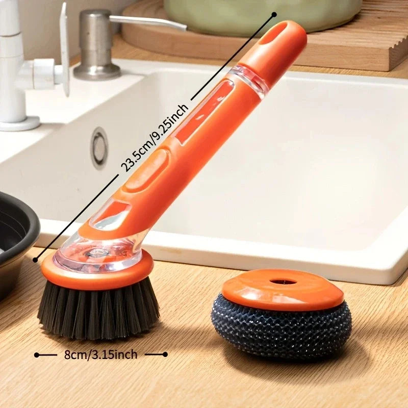 New Dish Brush with Soap Dispenser, Long Handle Dishwashing Brush with Replaceable Heads Kitchen Dish Scrub Brush, Soap Brush