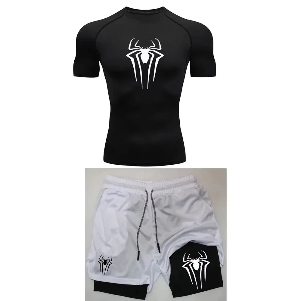 Men's Spider Graphic Workout Set Compression Top & Shorts | Quick Dry Gym Running Fitness outfit ZY0023