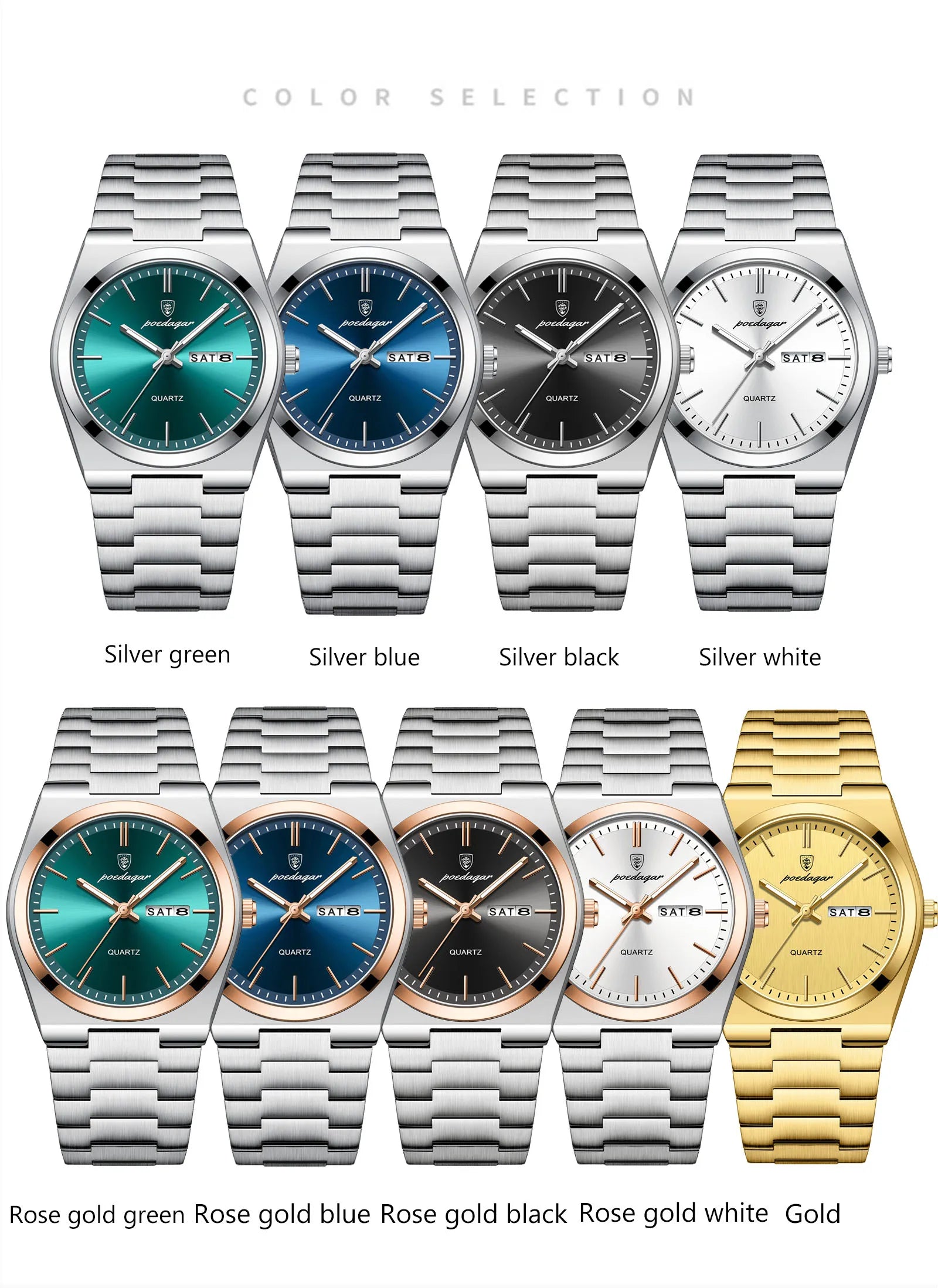 POEDAGAR Luxury Men's Watches Waterproof Luminous Date Week Men Watch Stainless Steel Casual Fashion Quartz Man Wristwatch Reloj