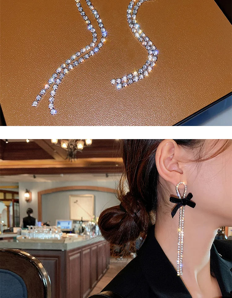 Kiss Jewelry Korean Fashion Black Velvet Bow Long Rhinestone Tassel Earrings for Women Luxury Wedding Shiny Drop Earring Gift