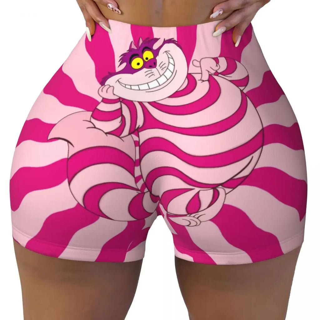 Custom Women's Trippy Striped Cat Workout Yoga Shorts Cheshire Cat Cartoon Gym Athletic Volleyball Biker Shorts