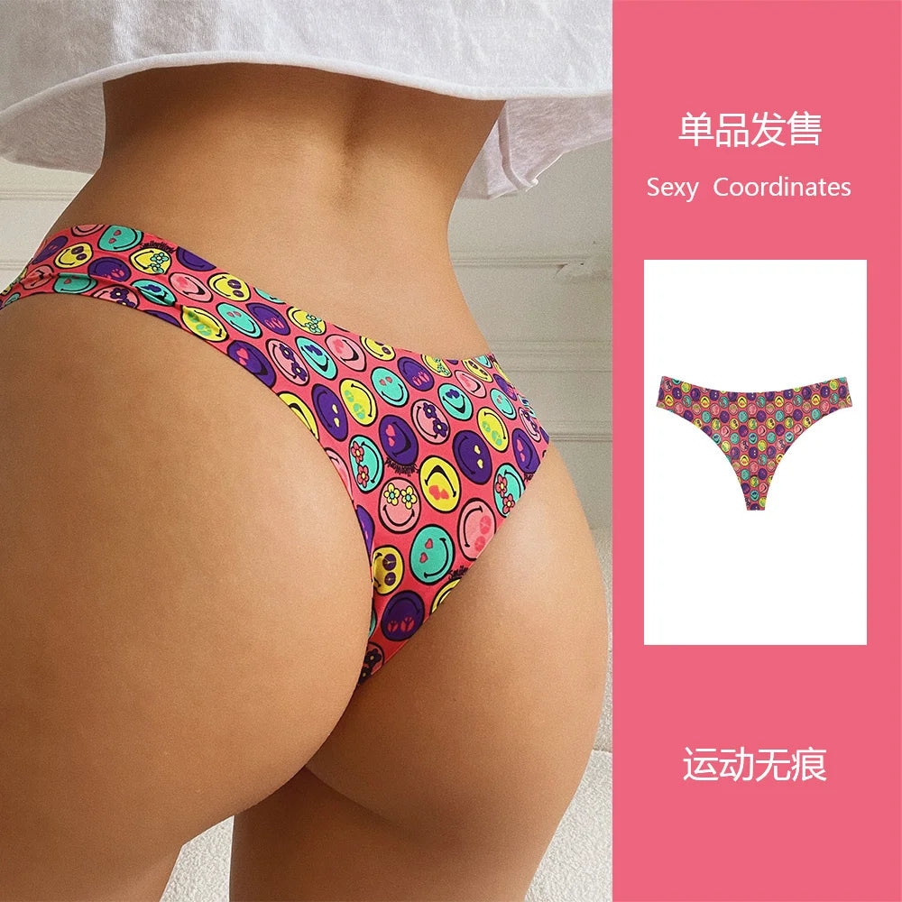 SP&CITY Graffiti Printed Ice Silk Sexy Thong Low Waist Sports Sexy Women's Underwear Fitness Traceless Panties Seamless Briefs
