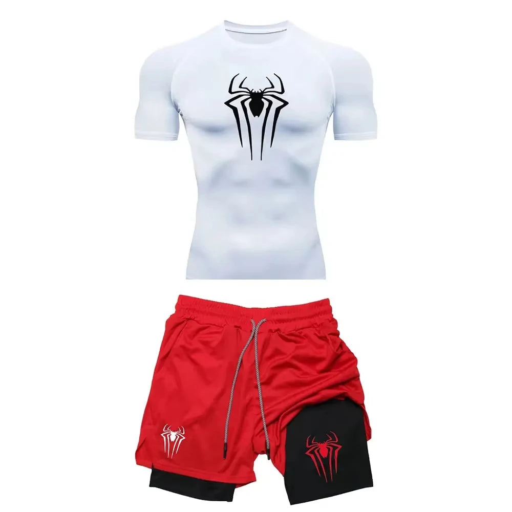 Men's Spider Graphic Workout Set Compression Top & Shorts | Quick Dry Gym Running Fitness outfit ZY0023