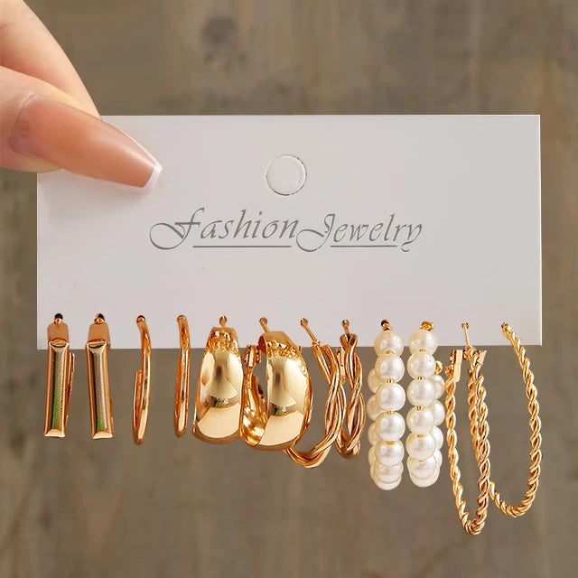 Gold Color Vintage Hoop Earrings Set for Women Boho Metal Circle Geometric Twist Pearl Dangle Earrings Trendy Jewelry Gifts 2023