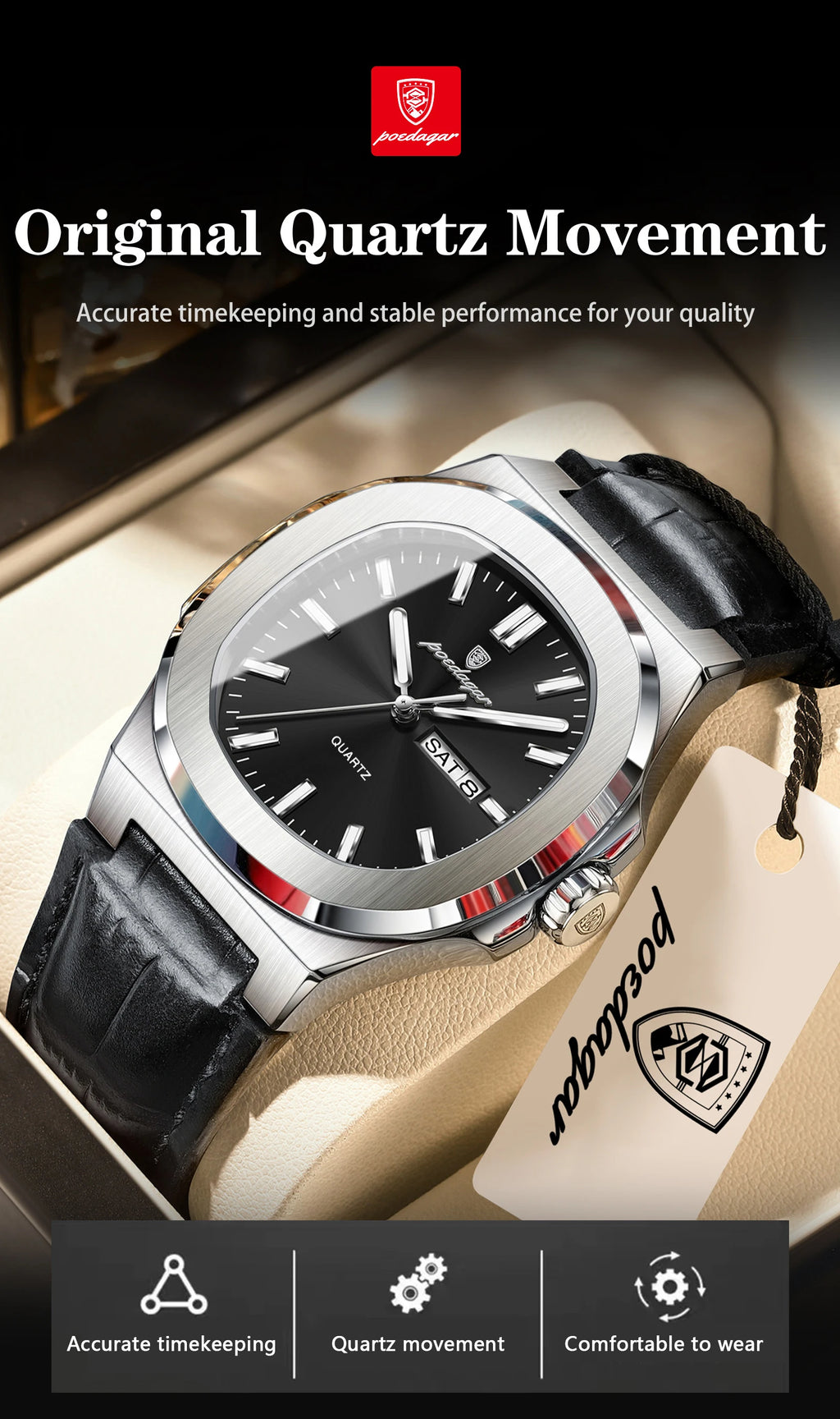 POEDAGAR Fashion Wristwatch For Boyfriend Luminous Waterproof Week Calendar Business Couple Watches Leather Luxury Men's Watches