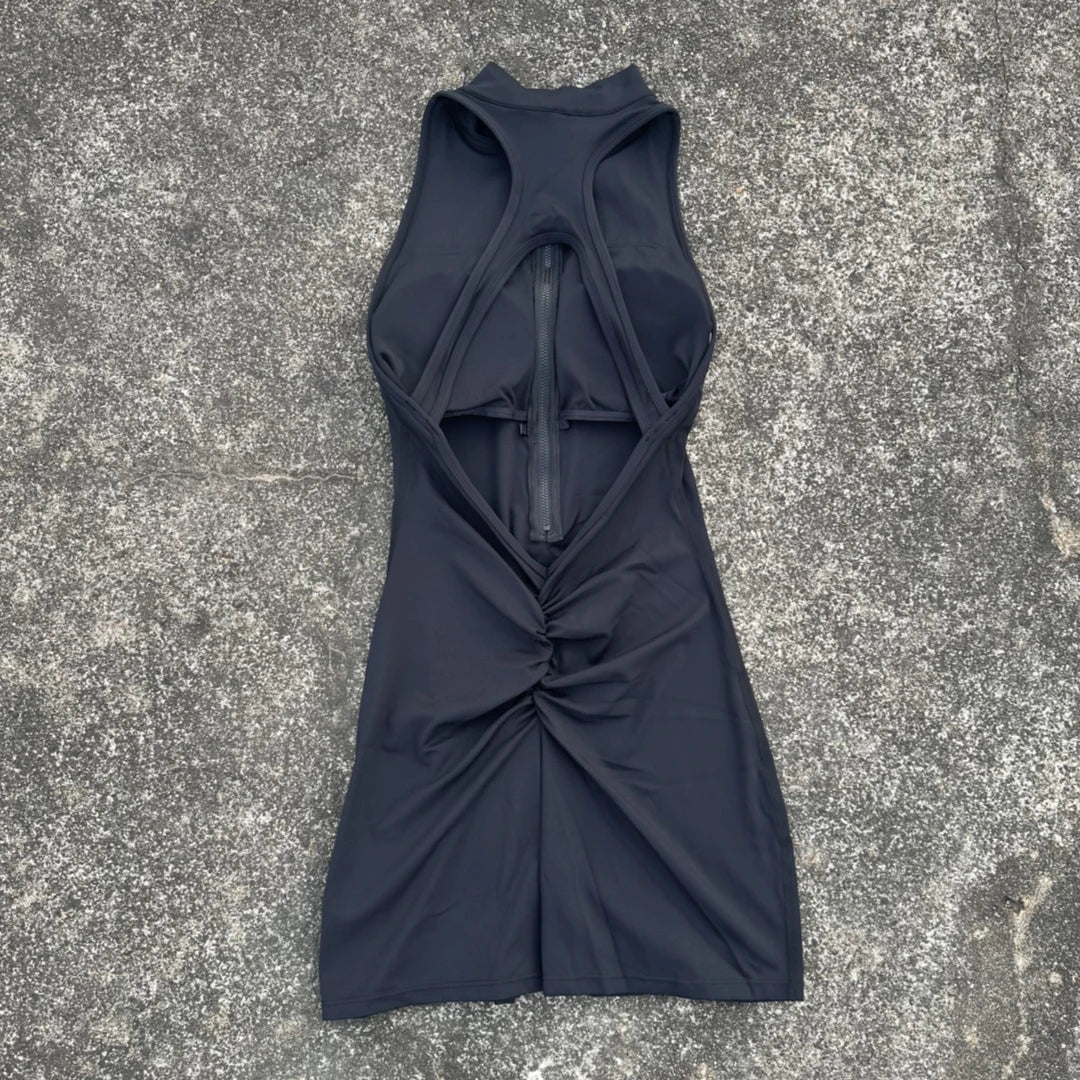 Solid color Back Waist Scrunch Backless  Yoga Jumpsuit Short Set Women Zipper Sportswear Fitness One Piece Sports Suit Workout