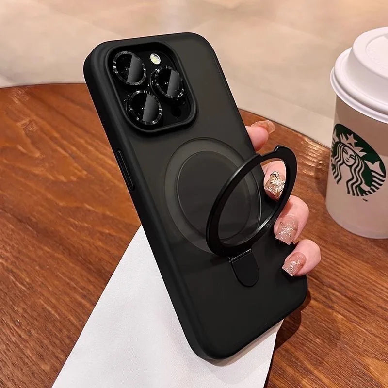 Matte Ring Holder Glass Lens Phone Case For iPhone 16 15 14 13 12 11 17 Pro Max 17 Air 16e For Magsafe Wireless Magnetic Cover
