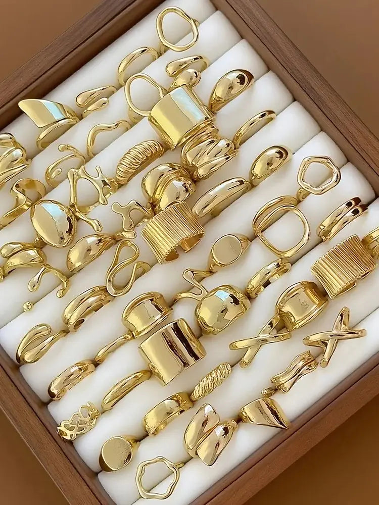 14/15 Pieces of Fashionable, Simple, Elegant, Exquisite, Retro Design, Irregular Shape, Liquid Geometric, Wide, Exaggerated, Sexy, Chubby Rings, Multi-Piece Set, Holiday, Vacation, Party, Date Gift, Daily Wear