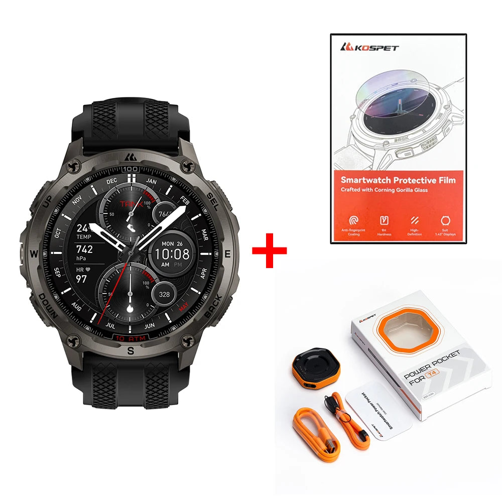 KOSPET Tank T4 Smart Watch for Men with 32GB Storage 6-Sat GPS Offline Maps 10ATM Waterproof Heart Rate Diving Skiing Hiking