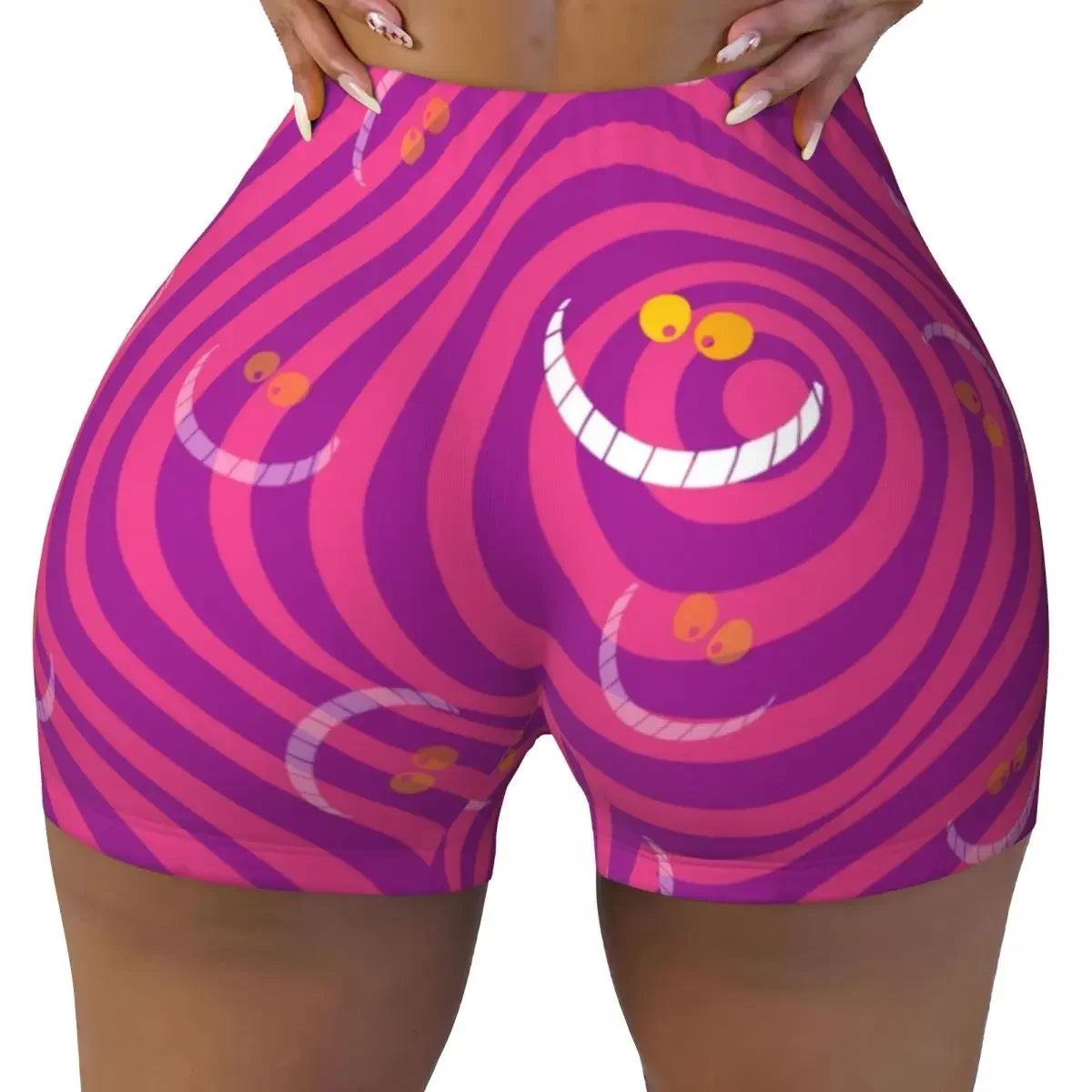 Custom Women's Trippy Striped Cat Workout Yoga Shorts Cheshire Cat Cartoon Gym Athletic Volleyball Biker Shorts