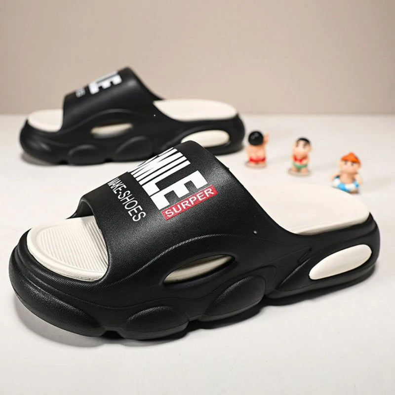 Men Thick Sole Summer Beach Slides Bathroom Anti Slip Slipper Soft Sandals Simplicity Ultra Light Letter Shoes Men Slippers