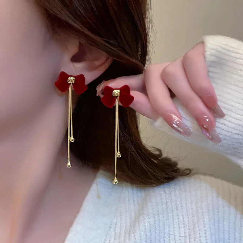 Light Luxury Rhinestone Tassel Flocked Bowknot Earrings Sweet Bow Earring For Women and Girls Party Fashion Jewelry Gifts