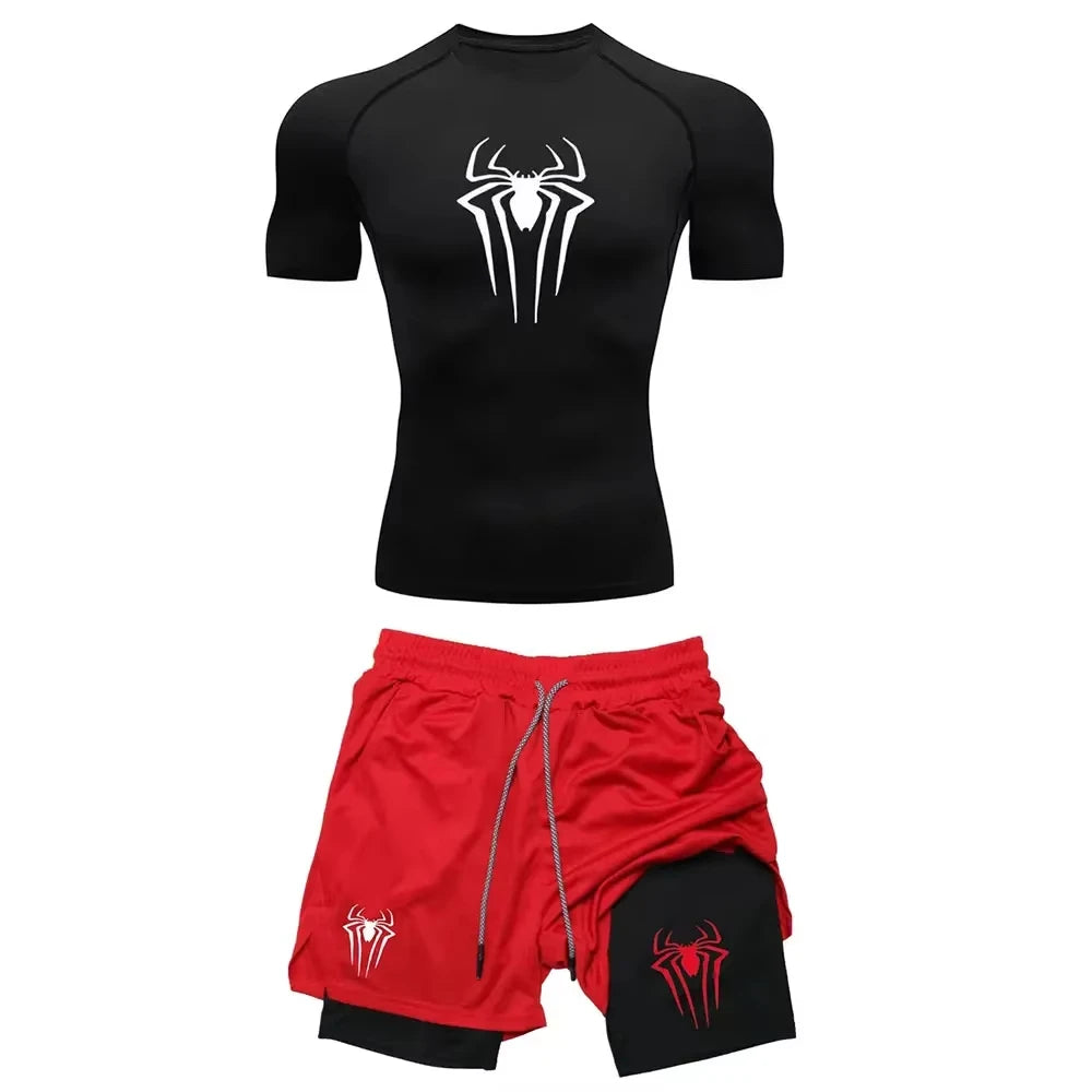 Men's Spider Graphic Workout Set Compression Top & Shorts | Quick Dry Gym Running Fitness outfit ZY0023