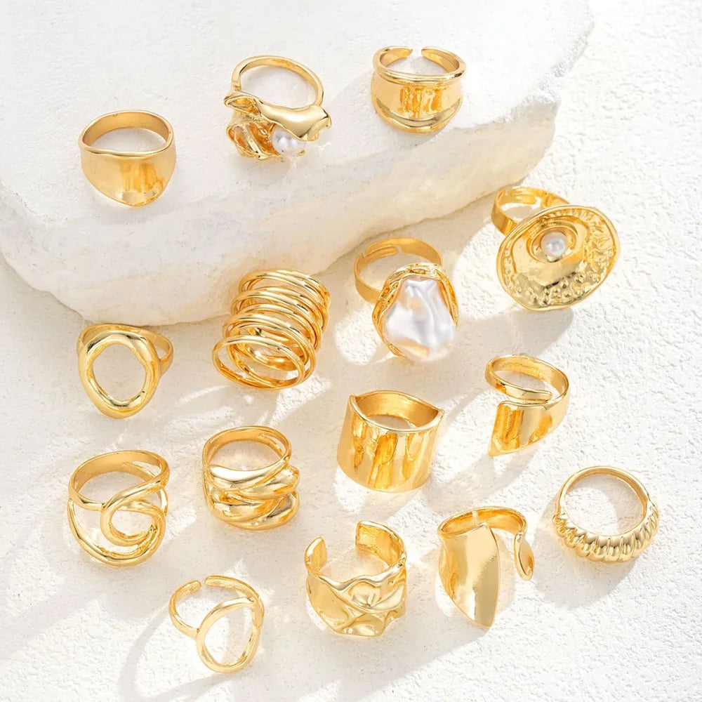 21Pcs/Lot Fashion Simple Elegant Flower Exquisite Geometry Irregular Luxury Pearl Open Rings For Women Daily Jewelry Party Gifts