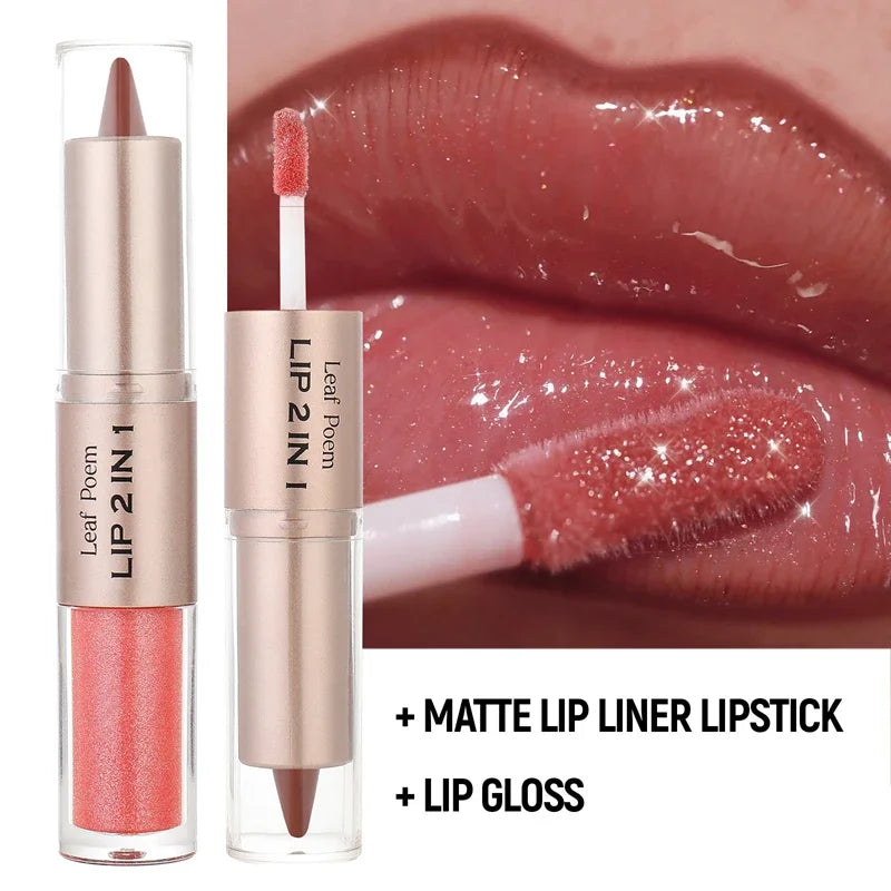 2 in1 Tapered Gradient Lipliner Pen Nude Brown Mirror Glass Lip Gloss Matte Lip Liner Waterproof Lip Contour Non Stick Makeup