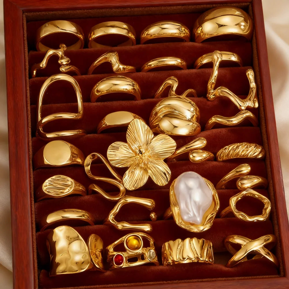 21Pcs/Lot Fashion Simple Elegant Flower Exquisite Geometry Irregular Luxury Pearl Open Rings For Women Daily Jewelry Party Gifts