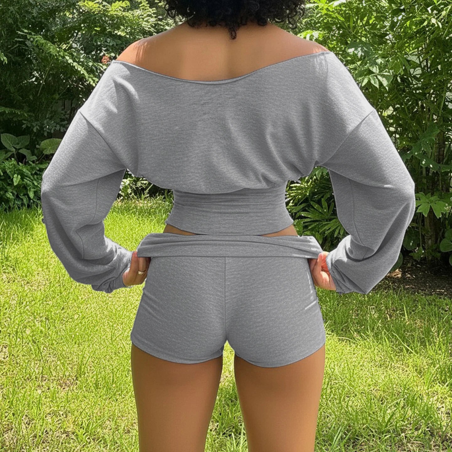 SUCHCUTE Woman 2 Piece Set Sexy Slash Neck Long Sleeve Crop Tops + Shorts Tracksuits Casual Solid Two Piece Outfits Spring 2pcs