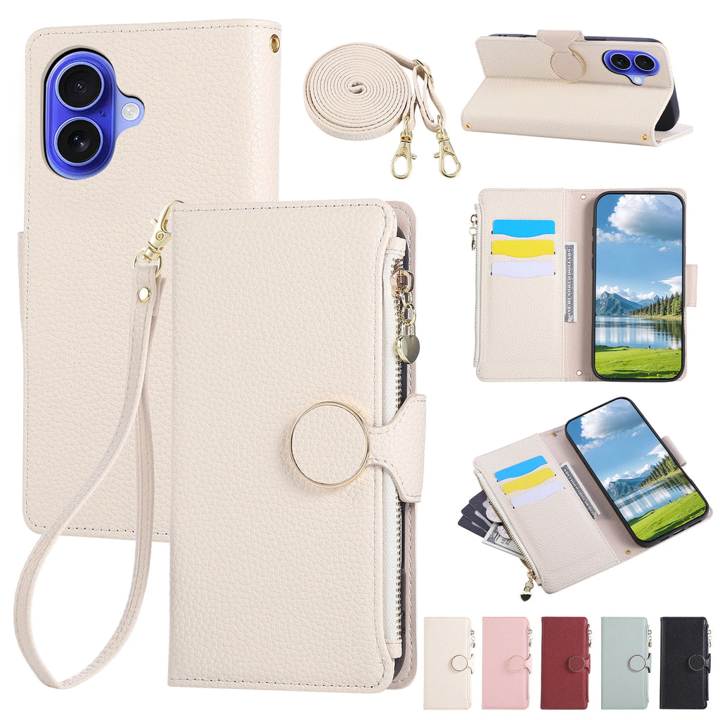 Crossbody Zipper Cards Holder Leather Wallet Book Case For iPhone 16 Pro Max 15 Plus 14 13 12 17 16E XS Long Lanyard Bag Cover