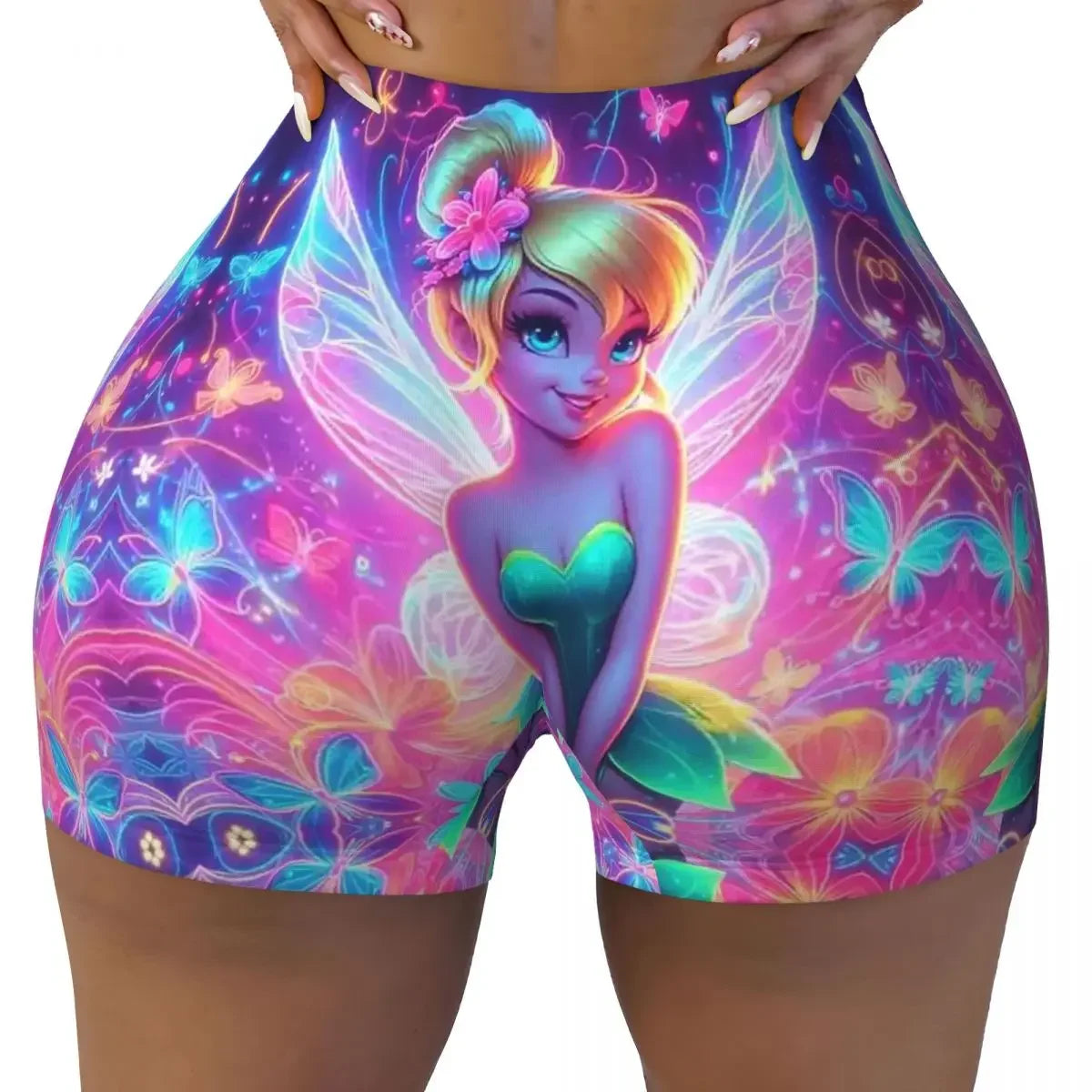 Custom Tinkerbell Green Gym Biker Running Shorts Women's Workout Yoga Shorts