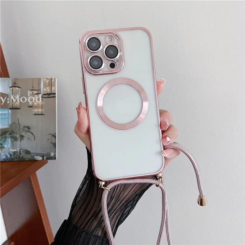 Plating Clear Magnetic For Magsafe Wireless Charging Cases For iPhone 17 16 15 14 12 13 Pro Max Crossbody Lanyard Necklace Cover