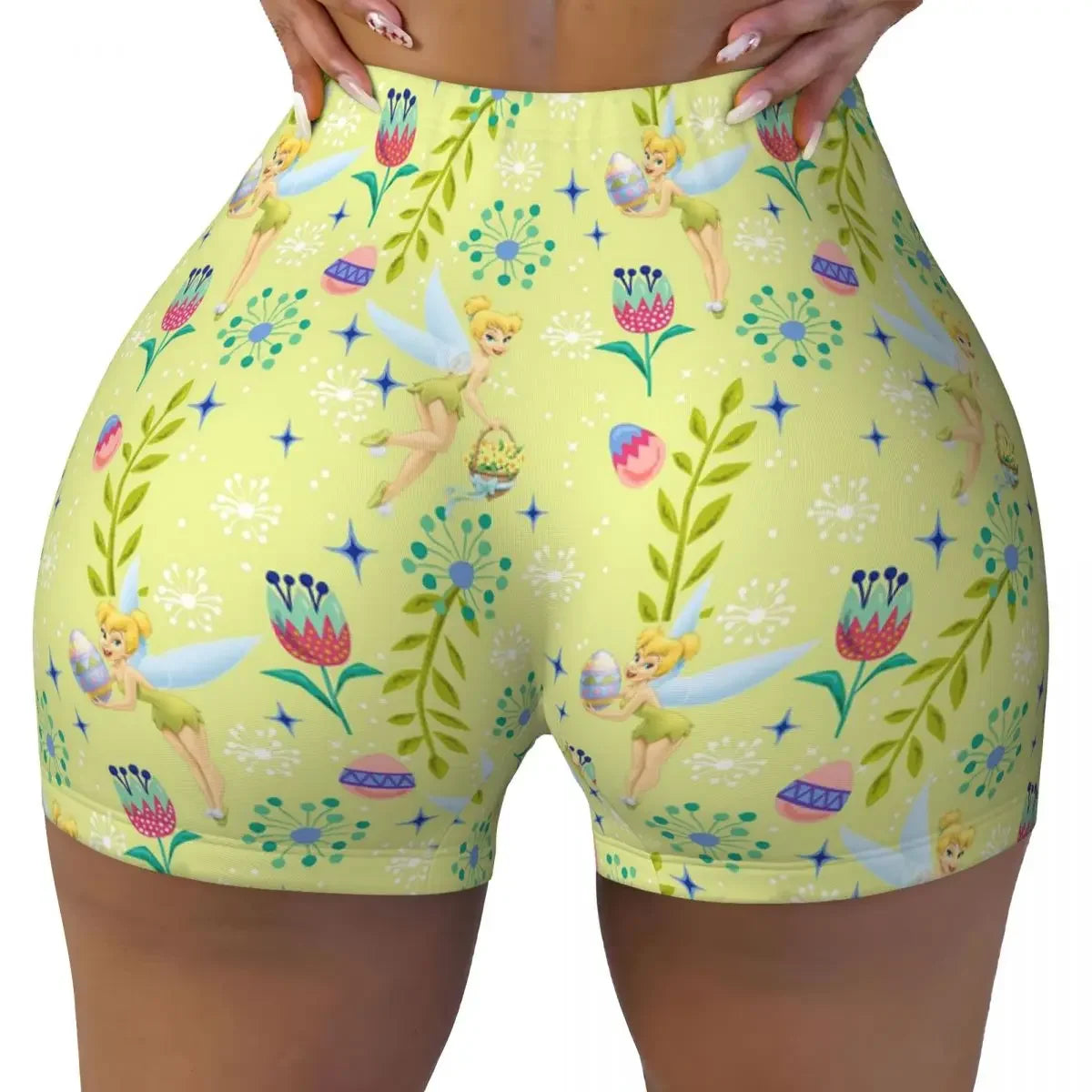 Custom Tinkerbell Green Gym Biker Running Shorts Women's Workout Yoga Shorts