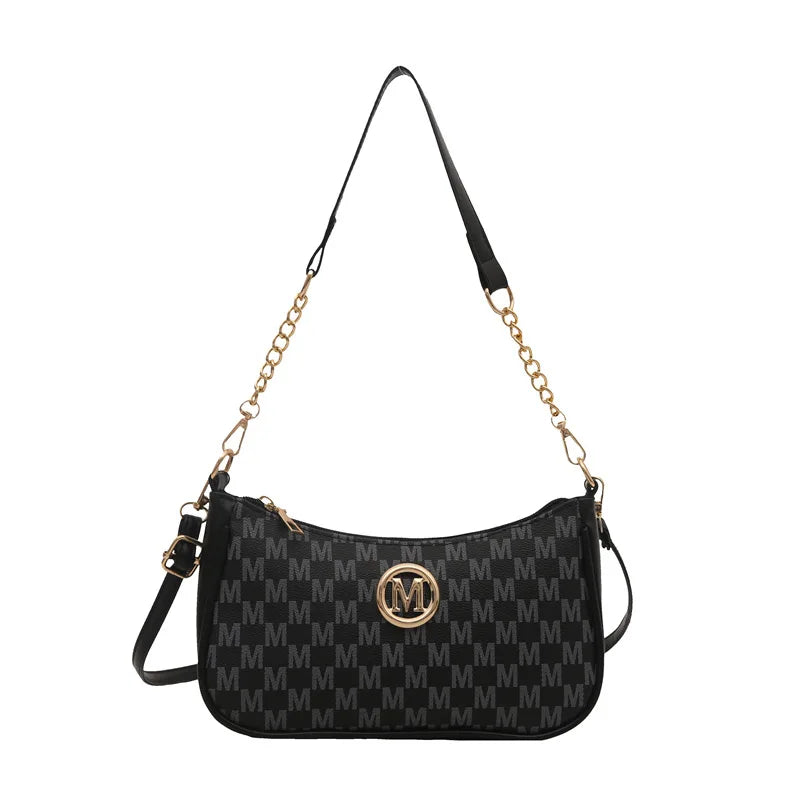 Vintage Style Handbag Crossbody Bag, Gold Letter 'M' Design Pu Leather Shoulder Messenger Bag, Synthetic Leather Tote Bag, Purse