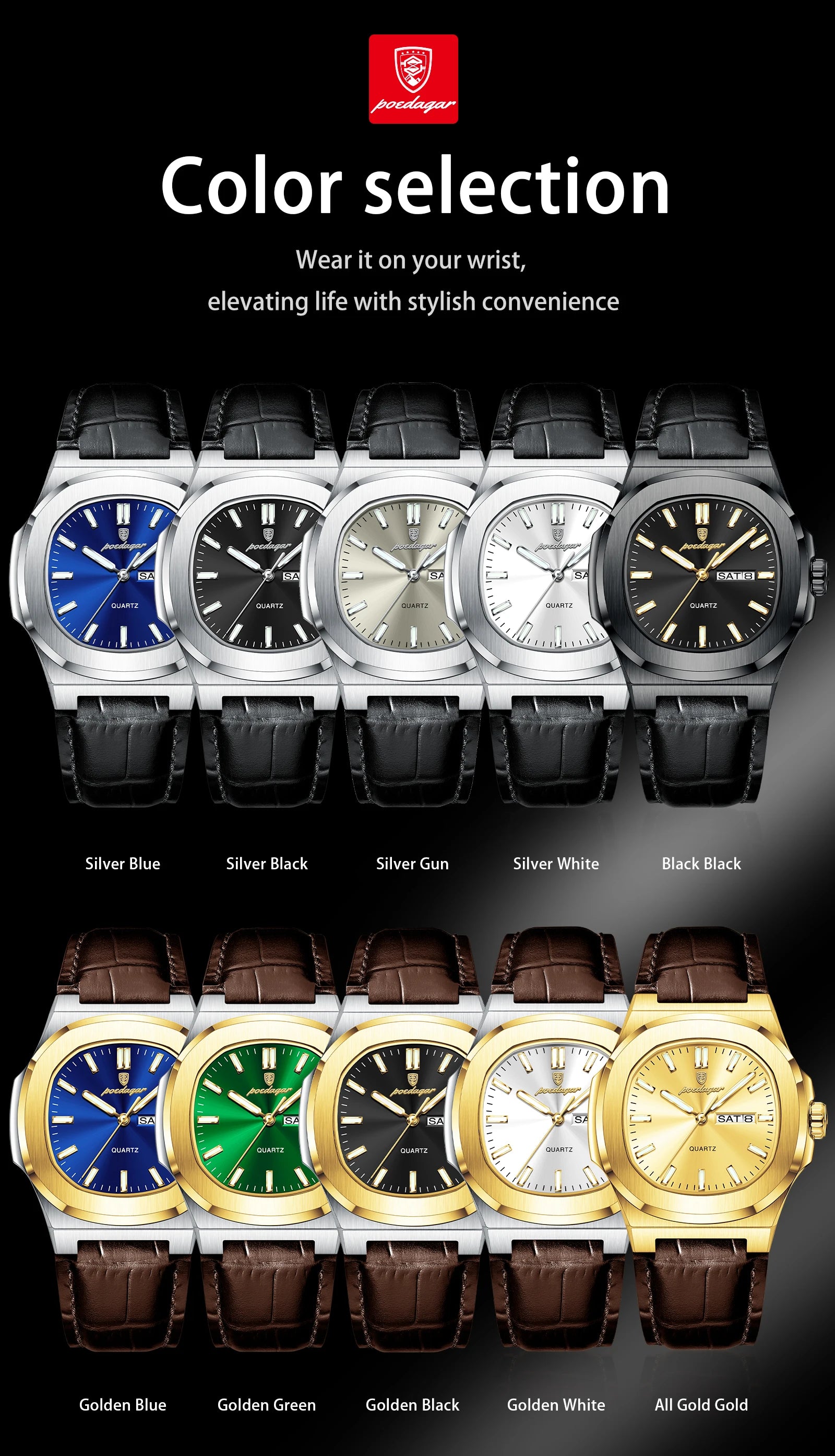 POEDAGAR Fashion Wristwatch For Boyfriend Luminous Waterproof Week Calendar Business Couple Watches Leather Luxury Men's Watches
