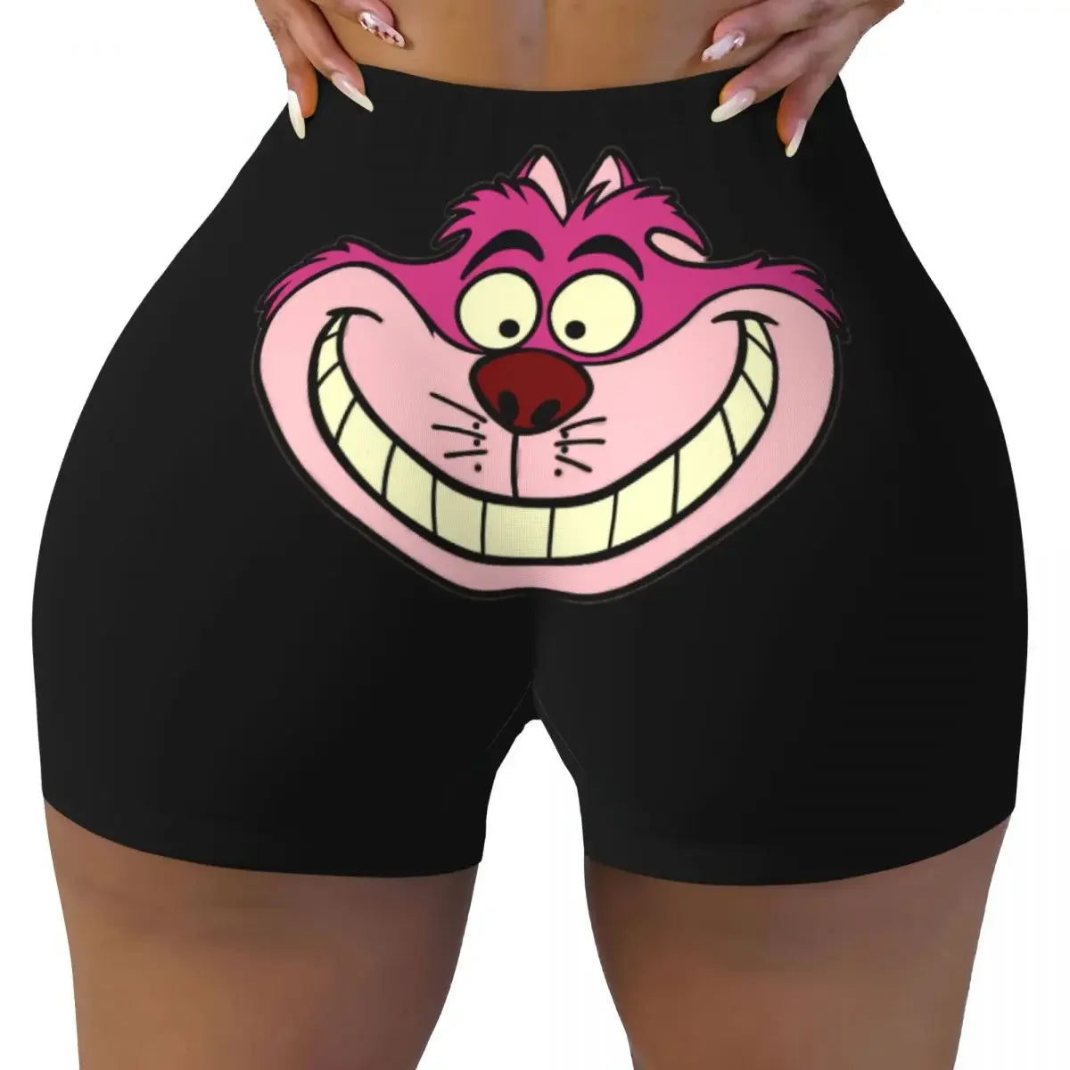 Custom Women's Trippy Striped Cat Workout Yoga Shorts Cheshire Cat Cartoon Gym Athletic Volleyball Biker Shorts