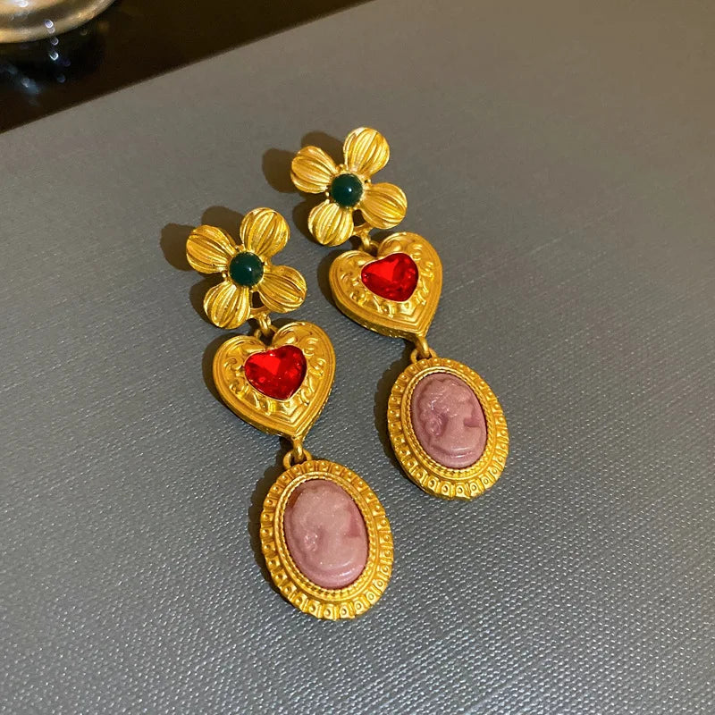 SHMIK Vintage Baroque Women Elegant Rhinestone Heart Earrings Jewelry Exquisite Lady Classic Middle Palace Drop Earring Gift